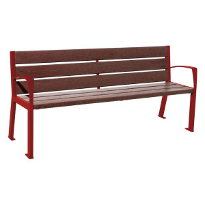 Banc plastique recyclé et acier Silaos 6 lames Procity, avec accoudoirs, lg. 1800 mm, fixation platines - Rouge pourpre