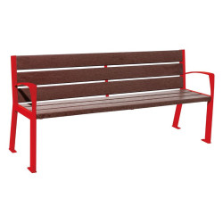 Banc plastique recyclé et acier Silaos 6 lames Procity, avec accoudoirs, lg. 1800 mm, fixation platines - Rouge signalisation