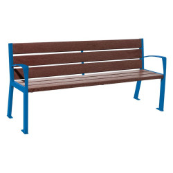 Banc plastique recyclé et acier Silaos 6 lames Procity, avec accoudoirs, lg. 1800 mm, fixation platines - Bleu gentiane