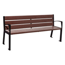 Banc plastique recyclé et acier Silaos 6 lames Procity, avec accoudoirs, lg. 1800 mm, fixation platines - Noir foncé