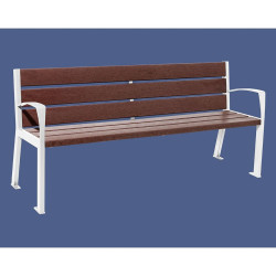 Banc plastique recyclé et acier Silaos 6 lames Procity, avec accoudoirs, lg. 1800 mm, fixation platines - Blanc pur