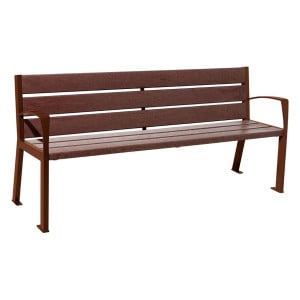 Banc plastique recyclé et acier Silaos 6 lames Procity, avec accoudoirs, lg. 1800 mm, fixation platines - Aspect Corten