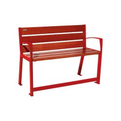 Banc bois/acier Silaos spécial sénior Procity, 2 accoudoirs, lg. 1200 mm, fixation platines - Acajou/Rouge signalisation