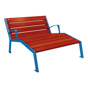 Chaise longue bois/acier Silaos Procity, 2 places, avec accoudoirs, lg. 1200 mm, fixation platines - Acajou/Bleu gentiane