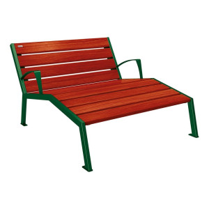 Chaise longue bois/acier Silaos Procity, 2 places, avec accoudoirs, lg. 1200 mm, fixation platines - Acajou/Vert mousse