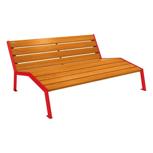 Chaise longue bois/acier Silaos Procity, 3 places, sans accoudoir, lg. 1800 mm, fix. platines - Chêne clair/Rouge signalisation