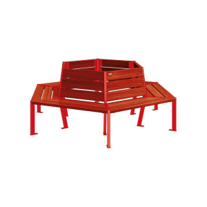 Banc tour d'arbre Silaos Procity, Ø int. 1000 mm, dim. ext. 2212 x 1929 mm, fixation platines - Acajou/Rouge signalisation