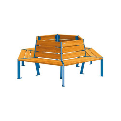 Banc tour d'arbre Silaos Procity, Ø int. 1000 mm, dim. ext. 2212 x 1929 mm, fixation platines - Chêne clair/Bleu gentiane