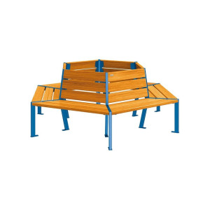 Banc tour d'arbre Silaos Procity, Ø int. 1000 mm, dim. ext. 2212 x 1929 mm, fixation platines - Chêne clair/Bleu gentiane