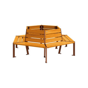 Banc tour d'arbre Silaos Procity, Ø int. 1000 mm, dim. ext. 2212 x 1929 mm, fixation platines - Chêne clair/Aspect Corten