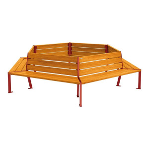 Banc tour d'arbre Silaos Procity, Ø int. 2000 mm, dim. ext. 3368 x 2930 mm, fixation platines - Chêne clair/Rouge pourpre