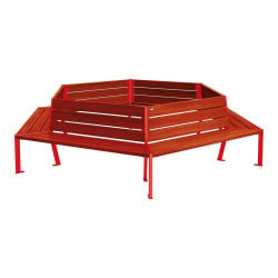 Banc tour d'arbre Silaos Procity, Ø int. 2000 mm, dim. ext. 3368 x 2930 mm, fixation platines - Acajou/Rouge signalisation