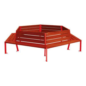 Banc tour d'arbre Silaos Procity, Ø int. 2000 mm, dim. ext. 3368 x 2930 mm, fixation platines - Acajou/Rouge signalisation