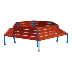 Banc tour d'arbre Silaos Procity, Ø int. 2000 mm, dim. ext. 3368 x 2930 mm, fixation platines - Acajou/Bleu gentiane
