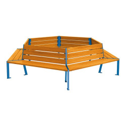 Banc tour d'arbre Silaos Procity, Ø int. 2000 mm, dim. ext. 3368 x 2930 mm, fixation platines - Chêne clair/Bleu gentiane