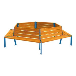 Banc tour d'arbre Silaos Procity, Ø int. 2000 mm, dim. ext. 3368 x 2930 mm, fixation platines - Chêne clair/Bleu gentiane