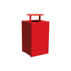 Corbeille KUB. acier et bois 120 litres Procity - Avec couvercle - Haut. 950 mm - Acajou/Rouge signalisation