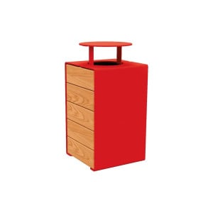 Corbeille KUB. acier et bois 120 litres Procity - Avec couvercle - Haut. 950 mm - Chêne clair/Rouge signalisation