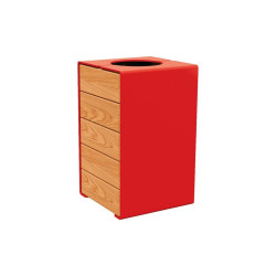 Corbeille KUB. acier et bois 120 litres Procity - Sans couvercle - Haut. 750 mm - Chêne clair/Rouge signalisation