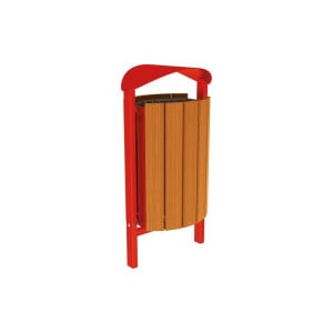 Corbeille Silaos acier et bois 50 litres Procity - Scellement direct - Sans cendrier - Chêne clair/Rouge signalisation