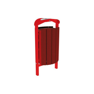 Corbeille Silaos acier et bois 50 litres Procity - Scellement direct - Avec cendrier - Acajou/Rouge signalisation