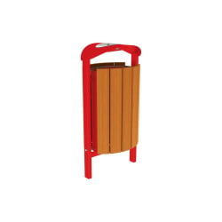 Corbeille Silaos acier et bois 50 litres Procity - Scellement direct - Avec cendrier - Chêne clair/Rouge signalisation