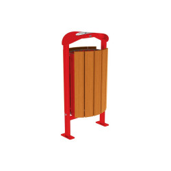 Corbeille Silaos acier et bois 50 litres Procity - Sur platines - Avec cendrier - Chêne clair/Rouge signalisation