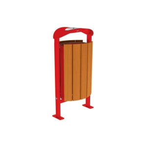 Corbeille Silaos acier et bois 50 litres Procity - Sur platines - Avec cendrier - Chêne clair/Rouge signalisation