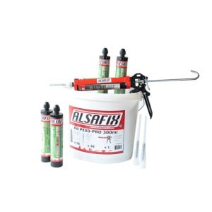 Ensemble 18 x cartouches 300 ml scellement chimique vinyleste BEIGE PE50-PRO Alsafix, avec pistolet - buse - seau chimique
