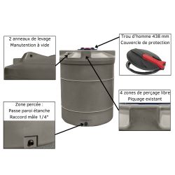 Cuve de stockage d’eau aérienne 4000 L, en PEHD gris