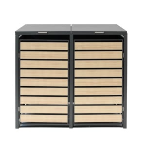 Coffre à poubelles Westmann, métallique, 2 poubelles Lacina, 2 compartiments 240 litres - Anthracite/aspect bois - 132x80x116 cm