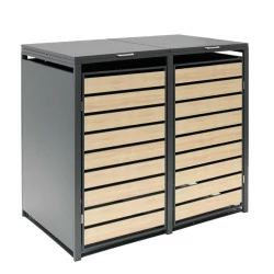 Coffre à poubelles Westmann, métallique, 2 poubelles Lacina, 2 compartiments 240 litres - Anthracite/aspect bois - 132x80x116 cm