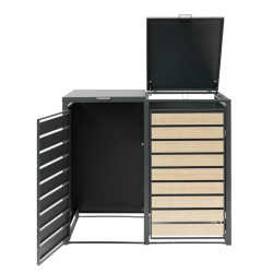 Coffre à poubelles Westmann, métallique, 2 poubelles Lacina, 2 compartiments 240 litres - Anthracite/aspect bois - 132x80x116 cm