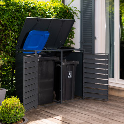 Coffre à poubelles Westmann, métallique, 2 poubelles Lacina, 2 compartiments 240 litres - Anthracite/aspect bois - 132x80x116 cm