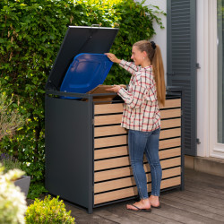 Coffre à poubelles Westmann, métallique, 2 poubelles Lacina, 2 compartiments 240 litres - Anthracite/aspect bois - 132x80x116 cm
